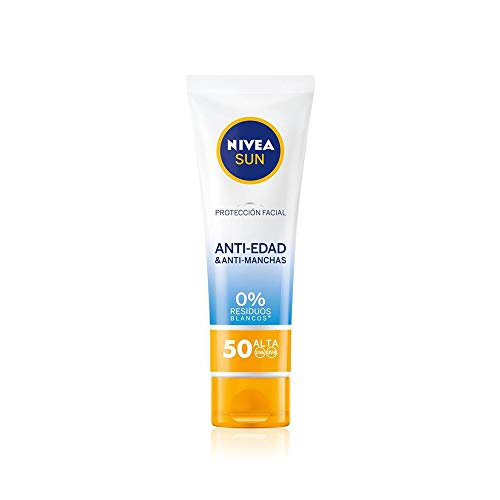 NIVEA SUN Protección Facial UV Anti-edad & Anti-manchas FP50 (1 x 50 ml), protector solar facial, crema antiedad 0% residuos blancos, crema hidratante facial