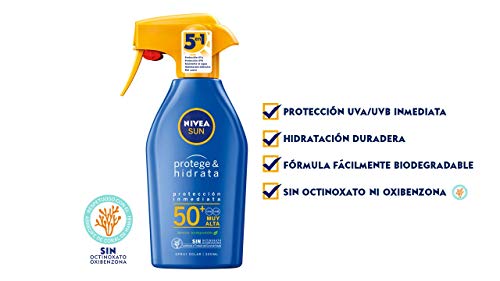 NIVEA SUN Protege & Hidrata Spray Solar FP50+ (1 x 300 ml), protector hidratante y resistente al agua con protección UVA/UVB, protección solar muy alta en formato pistola