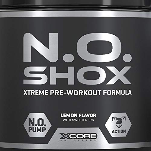 N.O Shox Extreme Workout Pumps Powder 660g de Xcore - Impulsor de Fuerza y Energía - Sabor a Limón, 26 Dosis