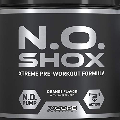 N.O Shox Extreme Workout Pumps Powder 660g de Xcore - Impulsor de Fuerza y Energía - Sabor a Naranja, 26 Dosis
