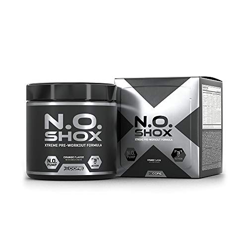 N.O Shox Extreme Workout Pumps Powder 660g de Xcore - Impulsor de Fuerza y Energía - Sabor a Naranja, 26 Dosis