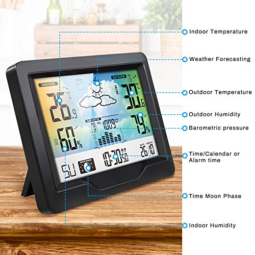 NOBRAND Estaciones meteorológicas Powcan Inalámbricas de Interior al Aire Libre con Alerta y Temperatura/Humedad/barométrica/pronóstico/Fase Lunar/Reloj Despertador (Negro)