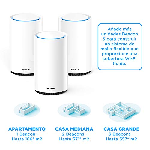 Nokia WiFi Beacon 3 – Sistema de Router Mesh – Extensor Inteligente de Cobertura WiFi Uniforme – Conexión de WiFi en Toda la casa – Sistema de Router ultrarrápido y autorrecuperable – Paq. de 2