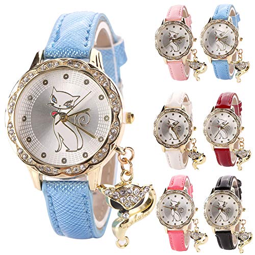 None Brand - Reloj de pulsera de cuarzo para mujer, diseño de zorro con diamantes de imitación, correa de piel, rojo rosado, HP