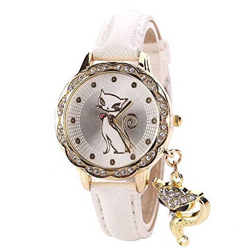 None Brand - Reloj de pulsera de cuarzo para mujer, diseño de zorro con diamantes de imitación, correa de piel, rojo rosado, HP