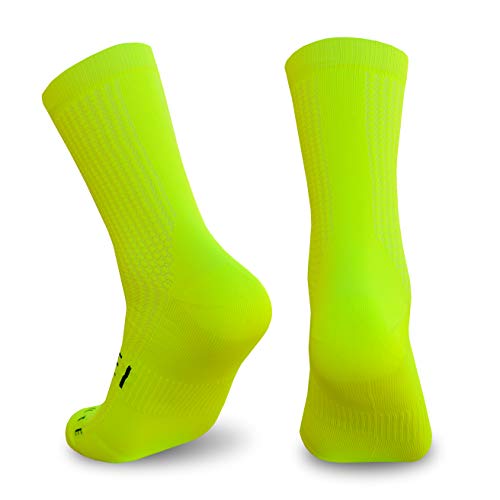 NORTEI Calcetines Amarillo Flúor para Ciclismo, MTB y Running de Caña Alta para Hombre y Mujer – Absolute Yellow (S-M (38-42))