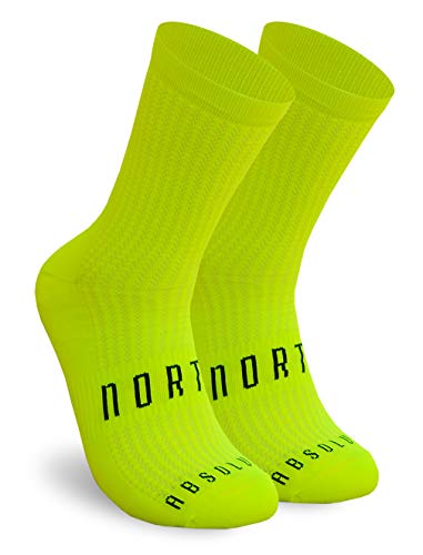 NORTEI Calcetines Amarillo Flúor para Ciclismo, MTB y Running de Caña Alta para Hombre y Mujer – Absolute Yellow (S-M (38-42))