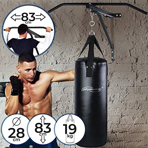 Nova - Saco de Boxeo Completo con Barra para dominadas (28 cm de diámetro x 83 cm de Altura) / Cuatro Correas Resistentes - Barra: de Acero / 83 cm de Ancho, de Pared - Pull-up Bar, Artes Marciales