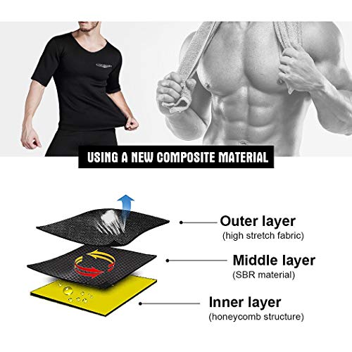 NOVECASA Camisetas Sauna Hombre Neopreno Body Shaper T-Shirt Transpirar para Sudoración Culturismo Quema Grasa Faja Abdome Adelgaza (L, Negro-Amarillo)