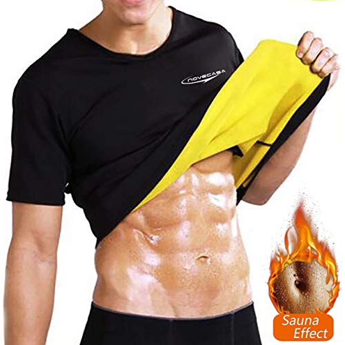 NOVECASA Camisetas Sauna Hombre Neopreno Body Shaper T-Shirt Transpirar para Sudoración Culturismo Quema Grasa Faja Abdome Adelgaza (L, Negro-Amarillo)