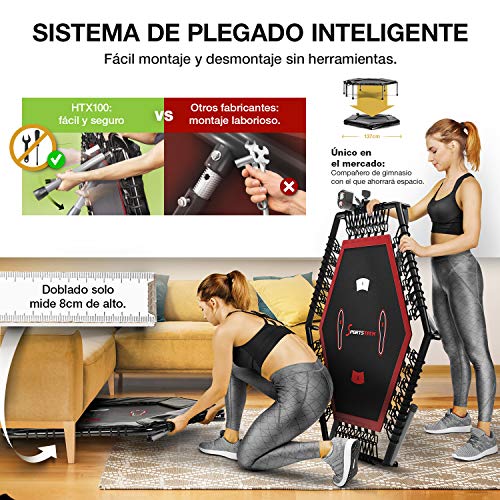 ¡Novedad 2020! Trampolín Smart Fitness, Incl. cinturón de Ritmo cardíaco, vídeo de Entrenamiento, Contador de Saltos y App, Plegable, Manillar Ajustable, portabotellas y Soporte para móvil - HTX100