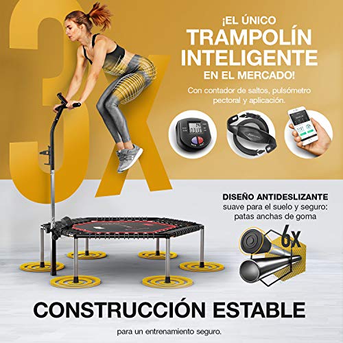 ¡Novedad 2020! Trampolín Smart Fitness, Incl. cinturón de Ritmo cardíaco, vídeo de Entrenamiento, Contador de Saltos y App, Plegable, Manillar Ajustable, portabotellas y Soporte para móvil - HTX100