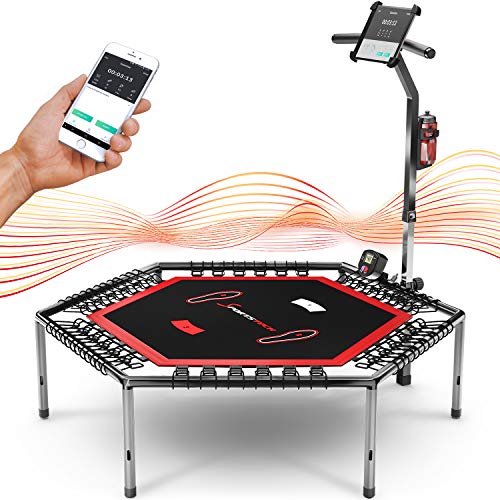 ¡Novedad 2020! Trampolín Smart Fitness, Incl. cinturón de Ritmo cardíaco, vídeo de Entrenamiento, Contador de Saltos y App, Plegable, Manillar Ajustable, portabotellas y Soporte para móvil - HTX100