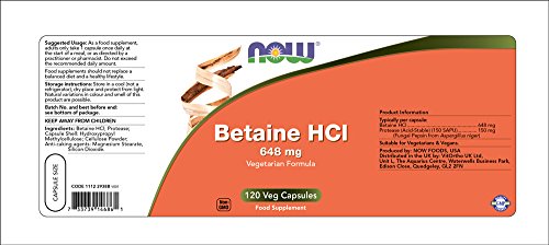 Now Foods Betaína HCl 648 mg 150 mg pepsina 120 vegetales cápsulas