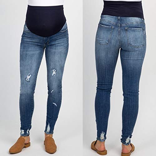 NPSJYQ Premamá Invierno Vaquros Rotos Leggins Abrigos Embarazo Maternidad Pantalones Pitillo Jeans sobre Los Pantalones Elásticos Verano para Mujer Pantalones Vaqueros Rasgados (Azul, L)