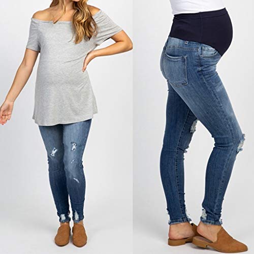 NPSJYQ Premamá Invierno Vaquros Rotos Leggins Abrigos Embarazo Maternidad Pantalones Pitillo Jeans sobre Los Pantalones Elásticos Verano para Mujer Pantalones Vaqueros Rasgados (Azul, L)