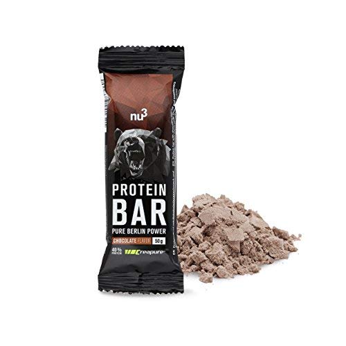 nu3 Barrita de Proteínas - 12 x 50g – Barras con proteína (20g) sabor a chocolate – Para mantener masa muscular – Mejoradas con whey protein, creatina y creapure – 3.95g de fibra y solo 160 Kcal