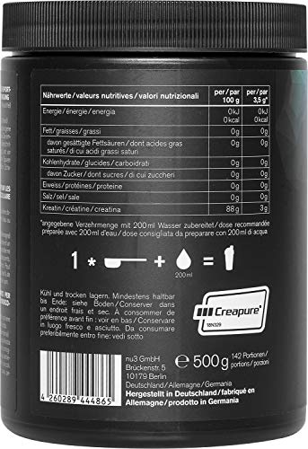 nu3 Creatina en polvo - 500g de creatina pura - 100% mono hidrato Creapure - Fuente segura de energía rápida - Uso especial para atletas - Ideal para mejorar el rendimiento durante el entrenamiento