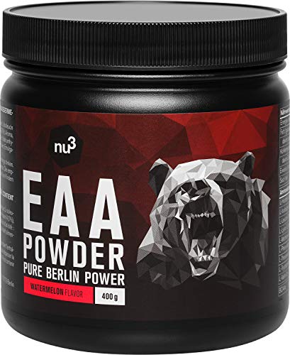 nu3 EAA en polvo – 400g sabor sandía – 8 aminoácidos esenciales – Suplemento deportivo para incrementar fuerza, resistencia y musculación - Contiene los tres aminos BCAA - Rápida absorción