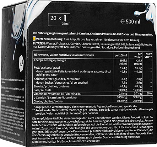 nu3 Fit L-Carnitina líquida - L carnitina pura de absorción rápida - 950 mg Carnipure por shot - Suplemento vegano quemagrasas - 20 ampollas de fácil manejo - Sabor Frutal a Cítricos