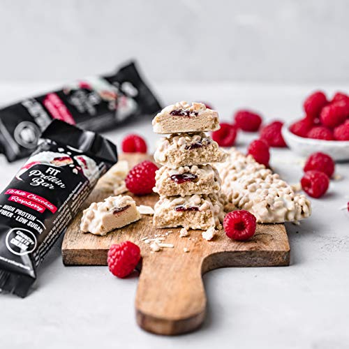 nu3 Fit Protein Bar – Barritas de proteína sabor chocolate blanco & frambuesas – Paquete 12x 55g – Barras proteicas sin aceite de palma – Bajo contenido de azúcar – Aperitivo low carb entre comidas