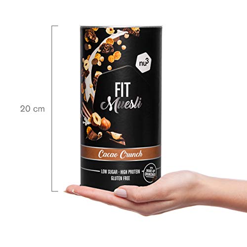 nu3 Fit Protein Muesli - Avena con proteína sabor Cacao Crunch - 450 g de muesli proteico con bayas, almendras, guaraná y matcha - 36% de proteínas y solo 4% de azúcar – Ideal en dietas sin gluten