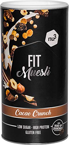 nu3 Fit Protein Muesli - Avena con proteína sabor Cacao Crunch - 450 g de muesli proteico con bayas, almendras, guaraná y matcha - 36% de proteínas y solo 4% de azúcar – Ideal en dietas sin gluten