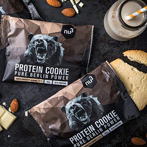 nu3 Galleta de proteína | 12 x 75g | Delicioso sabor chocolate blanco y almendras | 39g de proteína por galleta | 60% menos carbohidratos que en los bizcochos normales | Postre ideal para deportistas