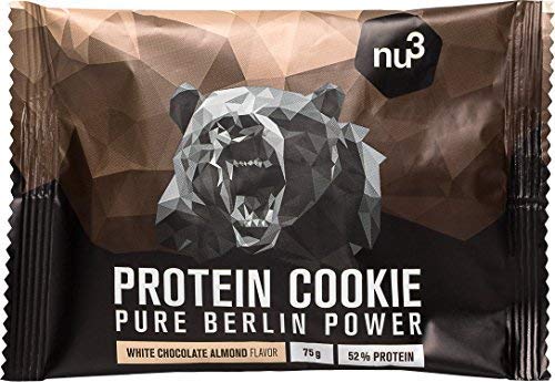 nu3 Galleta de proteína | 12 x 75g | Delicioso sabor chocolate blanco y almendras | 39g de proteína por galleta | 60% menos carbohidratos que en los bizcochos normales | Postre ideal para deportistas