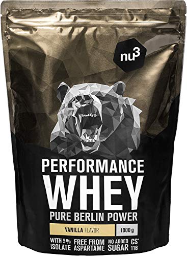 nu3 Performance Whey Protein - 1kg de suero en polvo sabor vainilla con 74.9% de proteína - Con aminoácidos BCAAs + proteína isolada (isolate) - Batido proteico para ganar masa - Altamente soluble