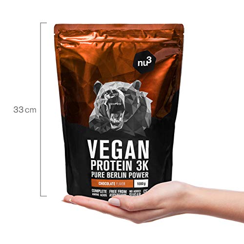 nu3 - Proteína vegana 3K - 1kg de fórmula - 70% de proteína a base de 3 componentes vegetales - Proteínas para el crecimiento de la masa muscular con delicioso sabor chocolate