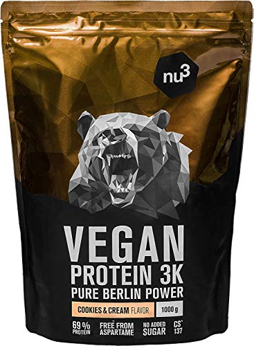 nu3 - Proteína vegana 3K - 1kg de fórmula - 70% de proteína a base de 3 componentes vegetales - Proteínas para el crecimiento de la masa muscular con delicioso sabor cookies & cream