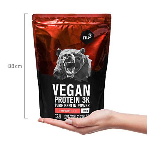 nu3 - Proteína vegana 3K - 1kg de fórmula - 70% de proteína a base de 3 componentes vegetales - Proteínas para el crecimiento de la masa muscular con delicioso sabor fresa