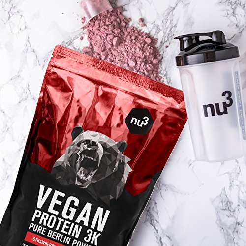 nu3 - Proteína vegana 3K - 1kg de fórmula - 70% de proteína a base de 3 componentes vegetales - Proteínas para el crecimiento de la masa muscular con delicioso sabor fresa