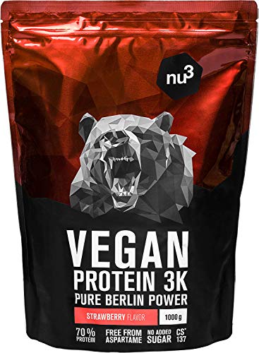 nu3 - Proteína vegana 3K - 1kg de fórmula - 70% de proteína a base de 3 componentes vegetales - Proteínas para el crecimiento de la masa muscular con delicioso sabor fresa