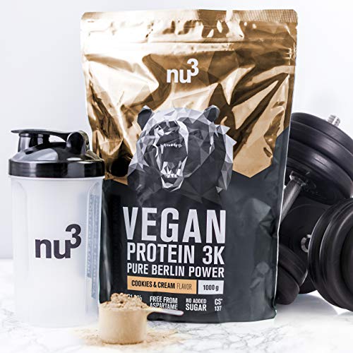 nu3 - Proteína vegana 3K - 1kg de fórmula - 70% de proteína a base de 3 componentes vegetales - Proteínas para el crecimiento de la masa muscular con delicioso sabor fresa