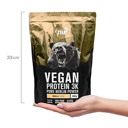 nu3 Proteína Vegana 3K - 1kg de Fórmula - 72,5% de Proteína a Base de 3 Componentes Vegetales - Proteínas Para el Crecimiento de la Masa Muscular con Delicioso Sabor Vainilla