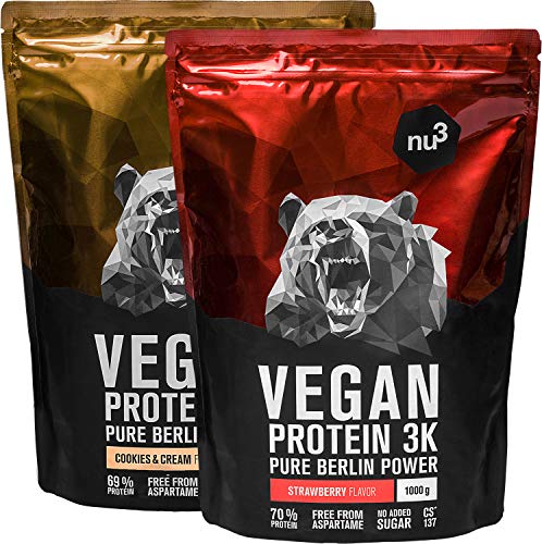 nu3 Proteína vegana 3K - 2kg de fórmula con hasta 70% de proteína a base de 3 componentes vegetales - Proteínas para el crecimiento de la masa muscular con delicioso sabor fresa y cookies & cream