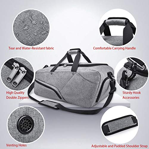 NUBILY Bolsa de Deporte Hombre Bolsas Gimnasio Mujer de Grande Viaje Impermeable con Compartimento para Zapatos Bolsos Deportivos Bolsa Fin de Semana Travel Duffle Bag para Hombres 45l Gris