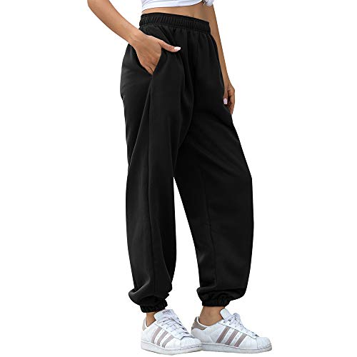 Nuofengkudu Mujer Harem Térmicos Jogging Pantalones Forro Polar con Bolsillos Elastica Cintura Alta Comodo Llanura Largos Pantalón Deportiva Jogger Pants Sweatpants Casual Ropa de Casa(Lana-Negro,M)