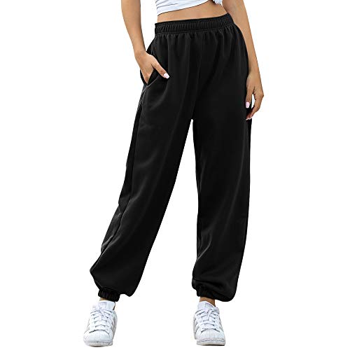 Nuofengkudu Mujer Harem Térmicos Jogging Pantalones Forro Polar con Bolsillos Elastica Cintura Alta Comodo Llanura Largos Pantalón Deportiva Jogger Pants Sweatpants Casual Ropa de Casa(Lana-Negro,M)