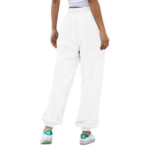 Nuofengkudu Mujer Harem Térmicos Jogging Pantalones Forro Polar con Bolsillos Elastica Cintura Alta Comodo Llanura Largos Pantalón Deportiva Jogger Pants Sweatpants Casual Ropa de Casa(Lana-Blanco,L)