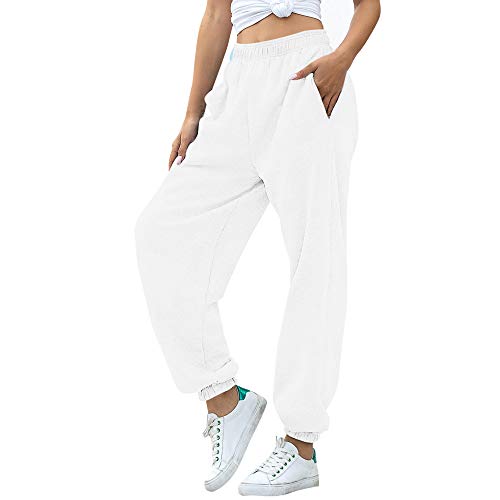 Nuofengkudu Mujer Harem Térmicos Jogging Pantalones Forro Polar con Bolsillos Elastica Cintura Alta Comodo Llanura Largos Pantalón Deportiva Jogger Pants Sweatpants Casual Ropa de Casa(Lana-Blanco,L)