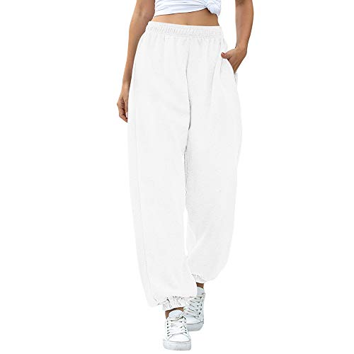 Nuofengkudu Mujer Harem Térmicos Jogging Pantalones Forro Polar con Bolsillos Elastica Cintura Alta Comodo Llanura Largos Pantalón Deportiva Jogger Pants Sweatpants Casual Ropa de Casa(Lana-Blanco,L)