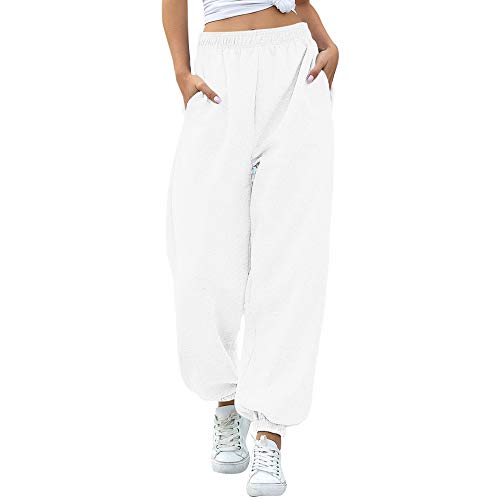 Nuofengkudu Mujer Harem Térmicos Jogging Pantalones Forro Polar con Bolsillos Elastica Cintura Alta Comodo Llanura Largos Pantalón Deportiva Jogger Pants Sweatpants Casual Ropa de Casa(Lana-Blanco,L)