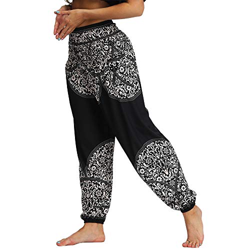 Nuofengkudu Mujer Hippies Pantalones Harem Tailandeses Boho Estampados Bolsillos Cintura Alta Baggy Yoga Pants Verano Playa Fiesta (Negro C,Talla única)