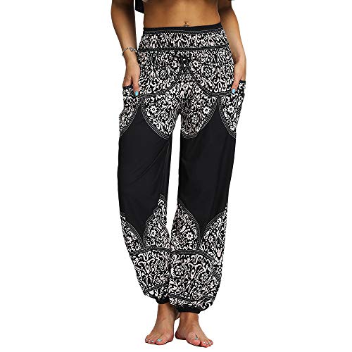 Nuofengkudu Mujer Hippies Pantalones Harem Tailandeses Boho Estampados Bolsillos Cintura Alta Baggy Yoga Pants Verano Playa Fiesta (Negro C,Talla única) Nuofengkudu Mujer Hippies Pantalones Harem Tailandeses Boho Estampados Bolsillos Cintura Alta Baggy Yoga Pants Verano Playa Fiesta (Negro C,Talla única)
