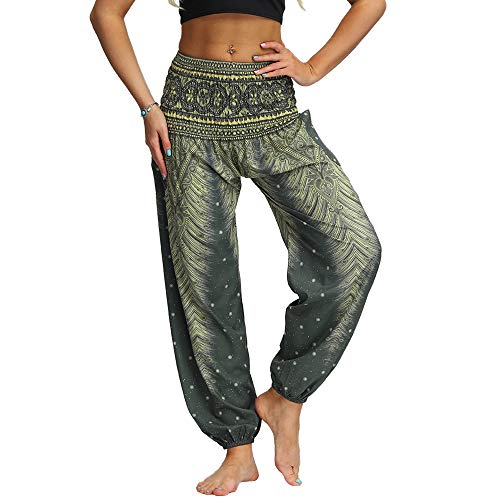 Nuofengkudu Mujer Hippies Pantalones Harem Tailandeses Boho Estampados Bolsillos Cintura Alta Baggy Yoga Pants Verano Playa Fiesta (Verde C,Talla única)