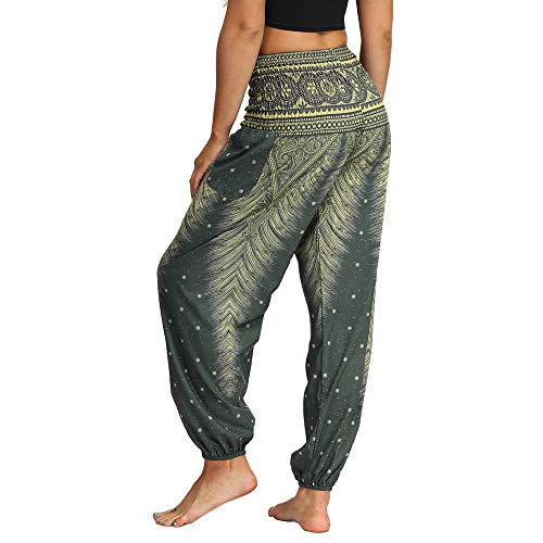 Nuofengkudu Mujer Hippies Pantalones Harem Tailandeses Boho Estampados Bolsillos Cintura Alta Baggy Yoga Pants Verano Playa Fiesta (Verde C,Talla única)