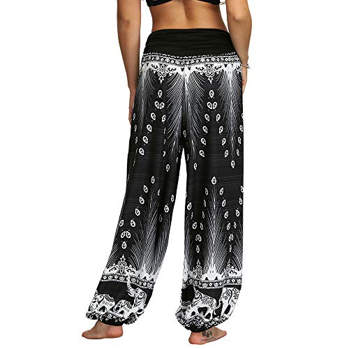 Nuofengkudu Mujeres Hippies Pantalones Largos Cintura Alta Boho Flores Impreso Suelto Yoga Pants Verano Playa Fiesta Tailandeses Harem Pantalón (Negro B,S)